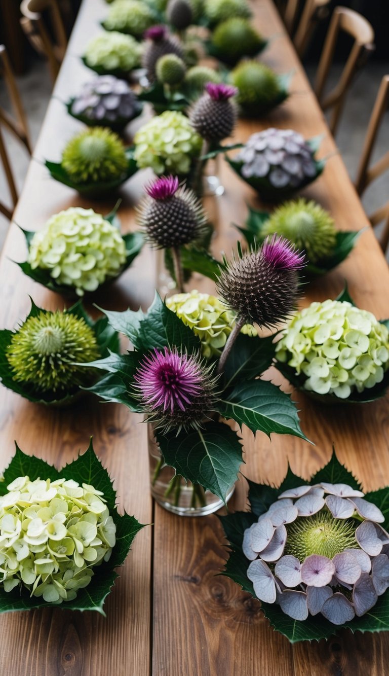 A wooden table adorned with 10 rustic floral arrangements featuring hydrangeas and thistle, each in a unique and charming display