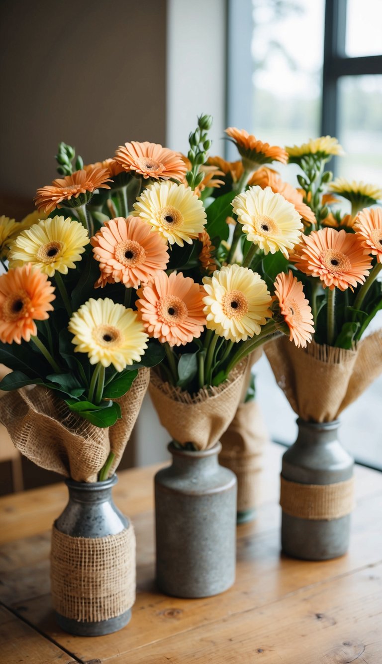 Hessian-wrapped gerbera bunches arranged in rustic vases on a wooden table