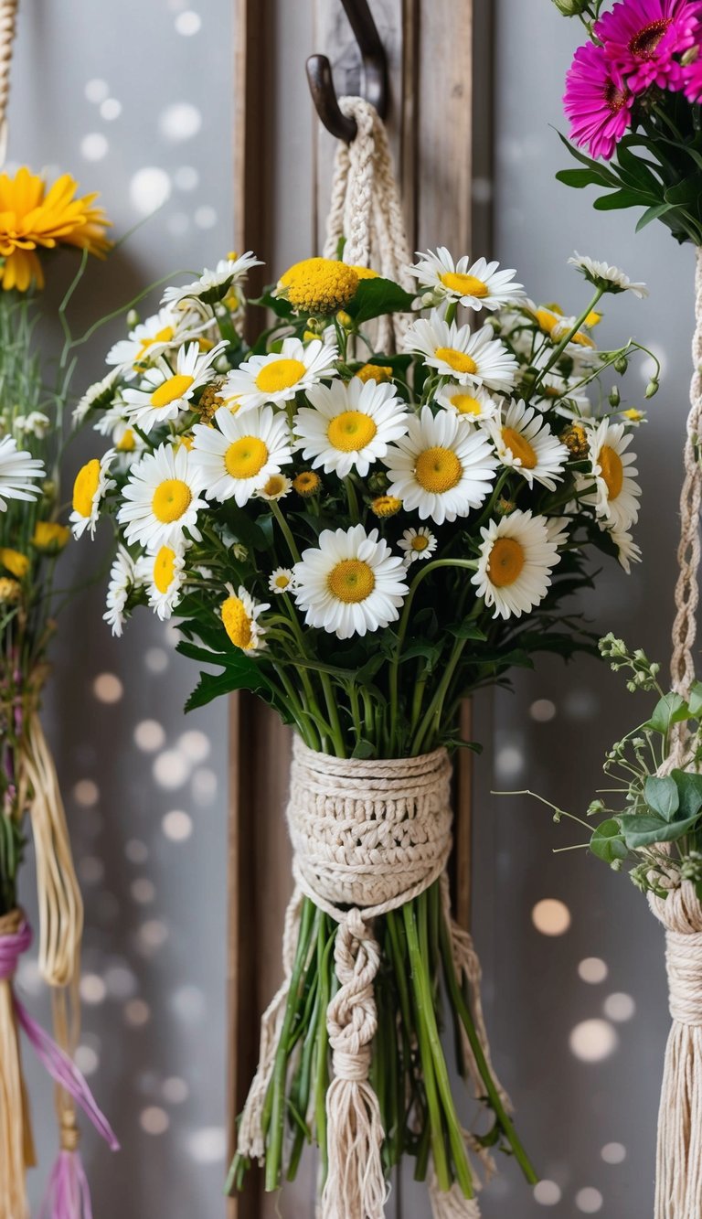 A vibrant bouquet of wild daisies wrapped in macrame hangs from a rustic hook, surrounded by other boho flower arrangements
