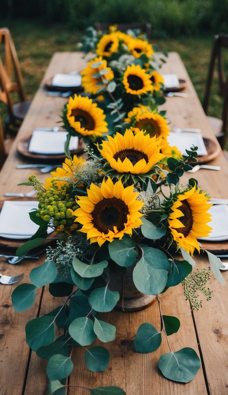 A rustic table adorned with vibrant sunflowers and fragrant eucalyptus, creating a boho-inspired bouquet