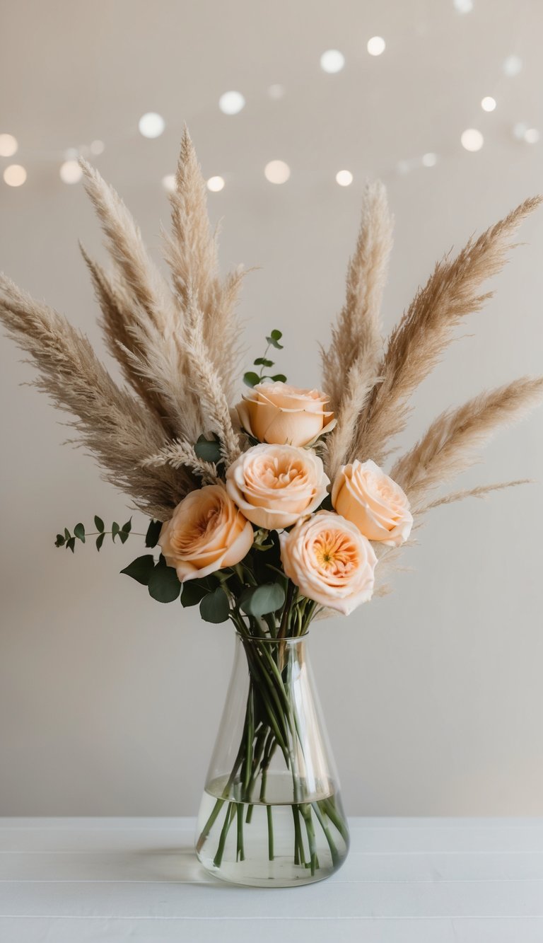 A glass vase holds a boho bouquet of peach roses and pampas grass, set against a neutral background