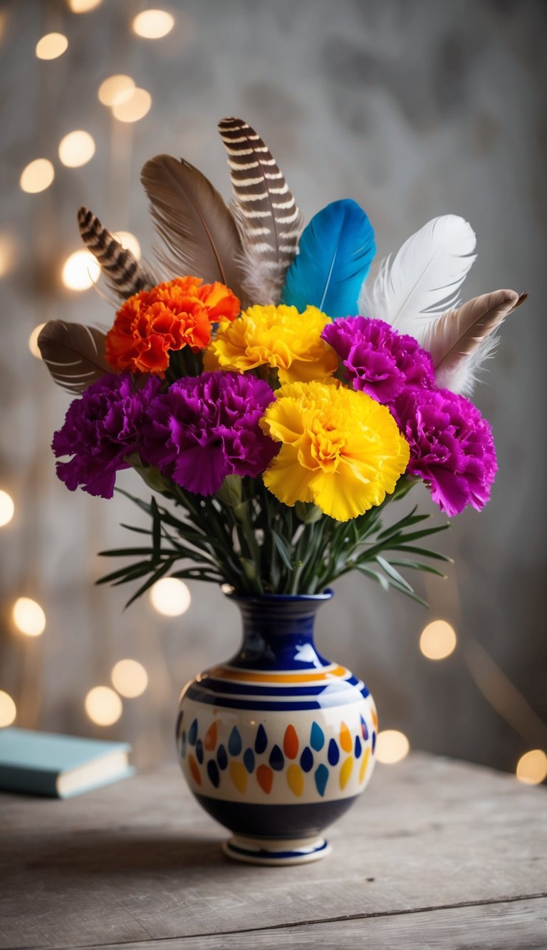 A colorful bouquet of carnations and feathers arranged in a bohemian style vase