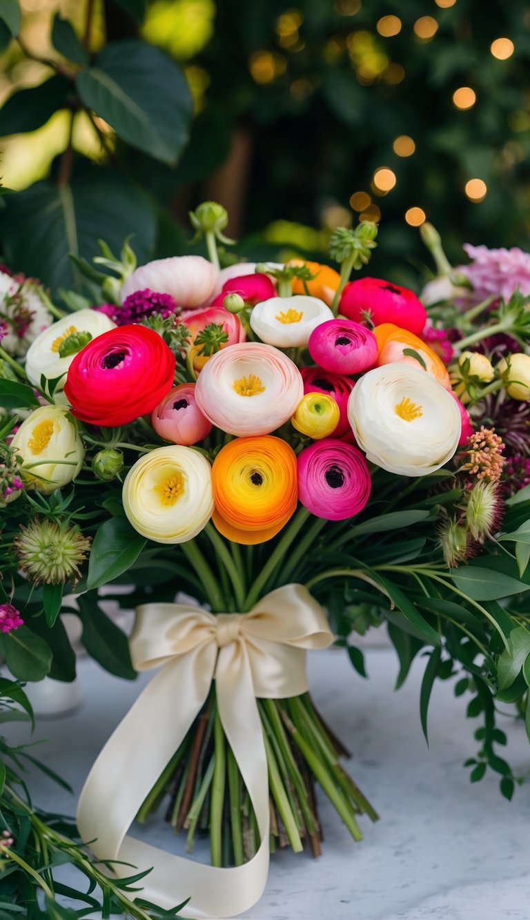 A vibrant bouquet of ranunculus tied with a flowing ribbon, surrounded by lush greenery and other bohemian floral elements