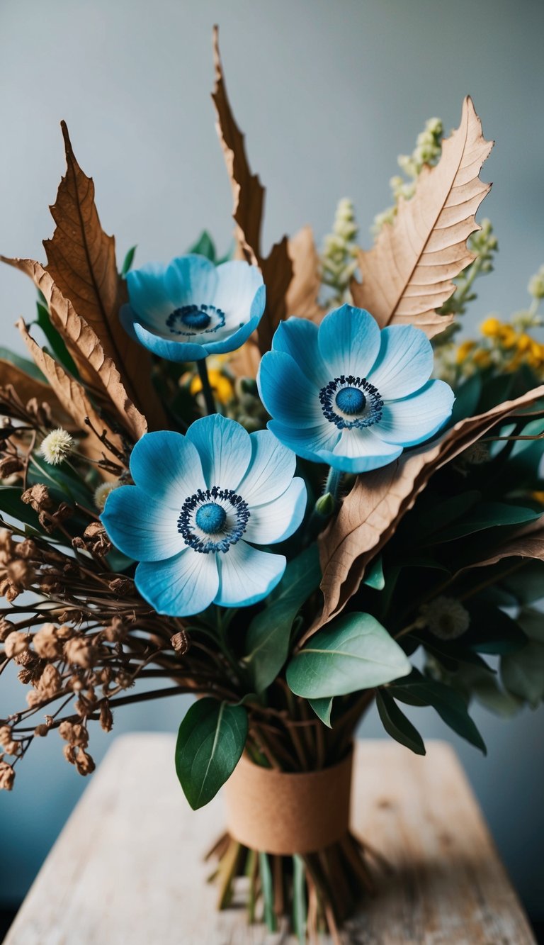 A vibrant bouquet of anemones mixed with dried leaves, creating a boho-inspired floral arrangement