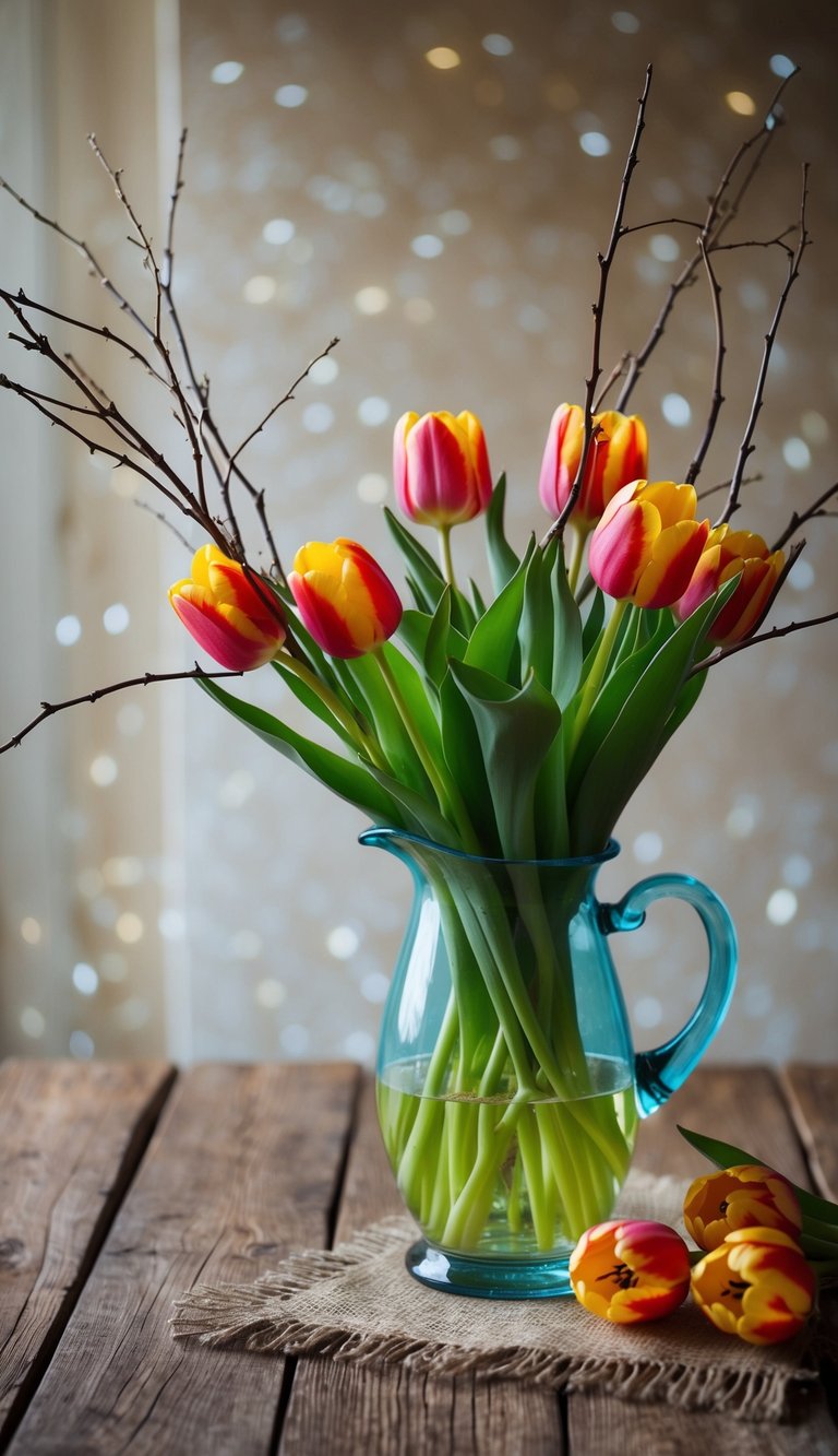 A vase filled with vibrant tulips and willow twigs sits on a rustic table