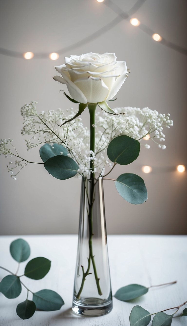 A single white rose stands tall in a sleek glass vase, surrounded by delicate baby's breath and eucalyptus leaves