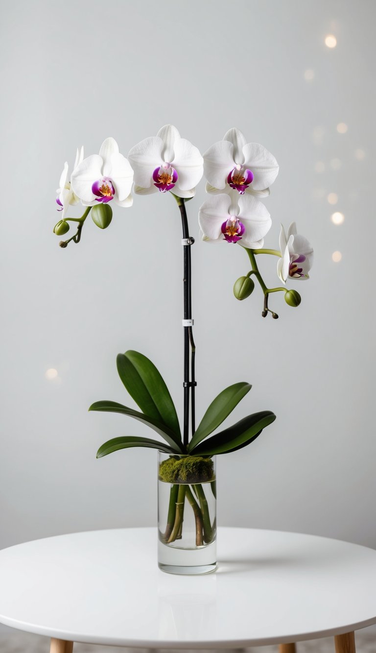 A single stem orchid in a clear vase on a clean, white table against a plain background