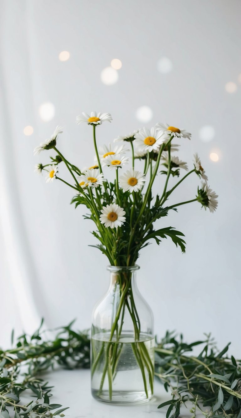 A simple glass vase holds a handful of delicate daisy blooms, surrounded by greenery and set against a clean, white backdrop