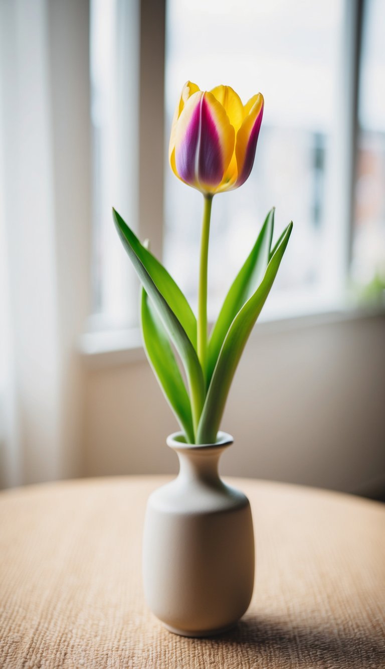 A single tulip in a simple vase, surrounded by soft, natural light
