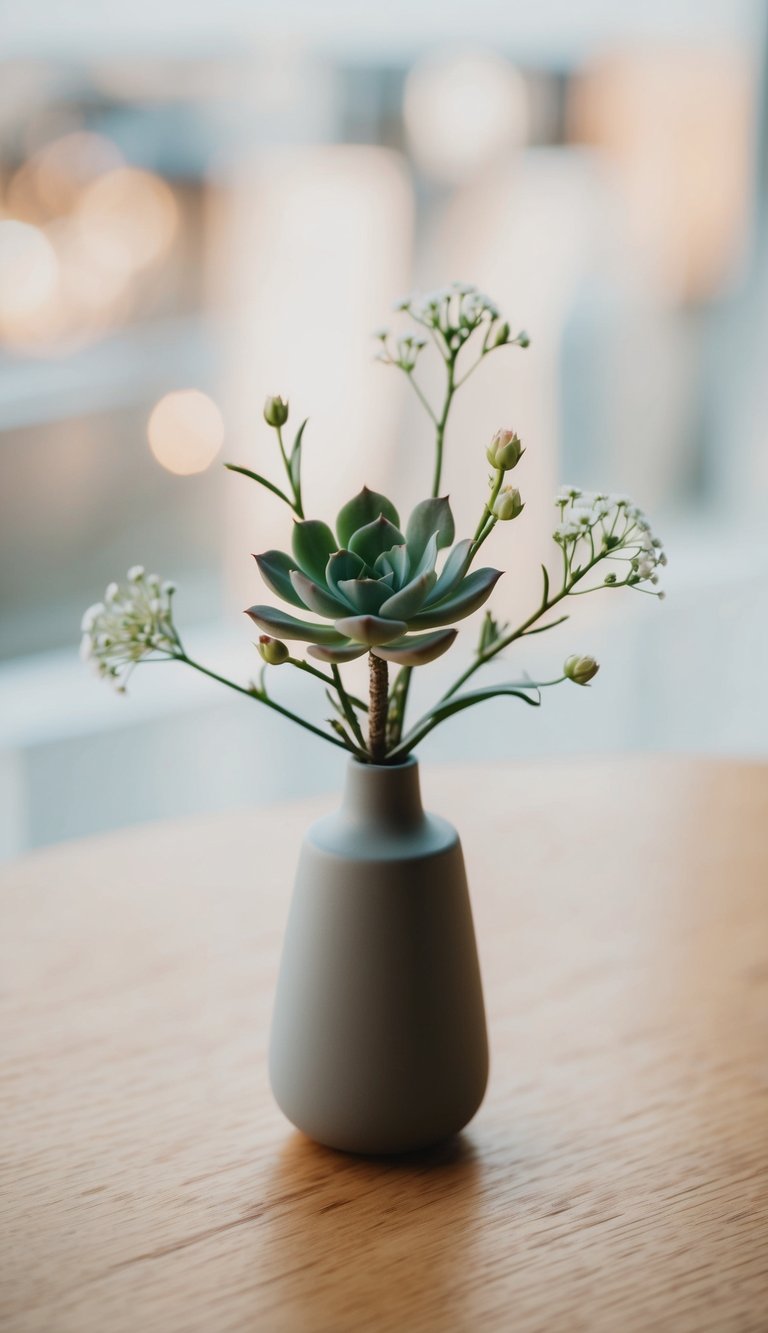 A small, modern vase holds a single succulent surrounded by a few delicate blooms, all arranged in a simple and elegant manner