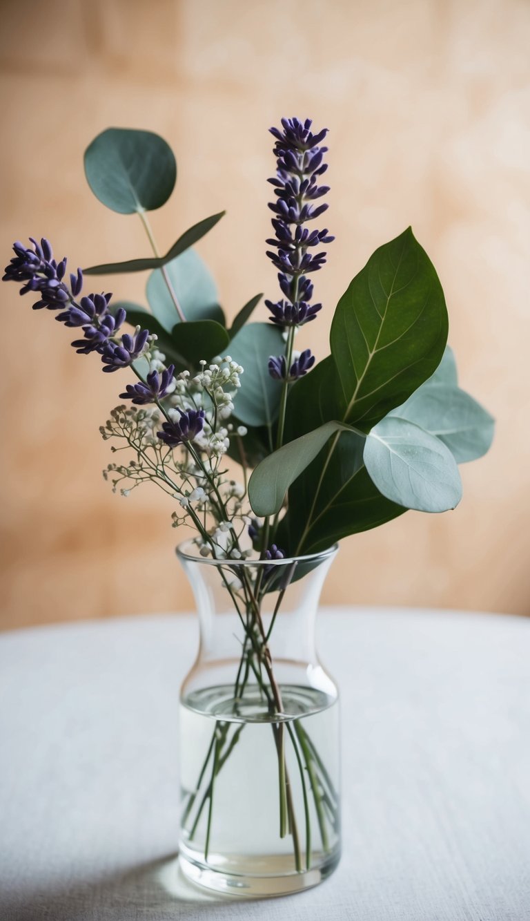 A simple glass vase holds lavender sprigs, eucalyptus leaves, and baby's breath in a minimalist flower bouquet