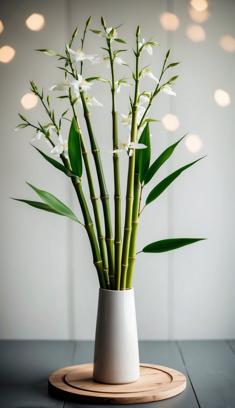 A simple vase holds a few tall bamboo stems with delicate white flowers, surrounded by green leaves
