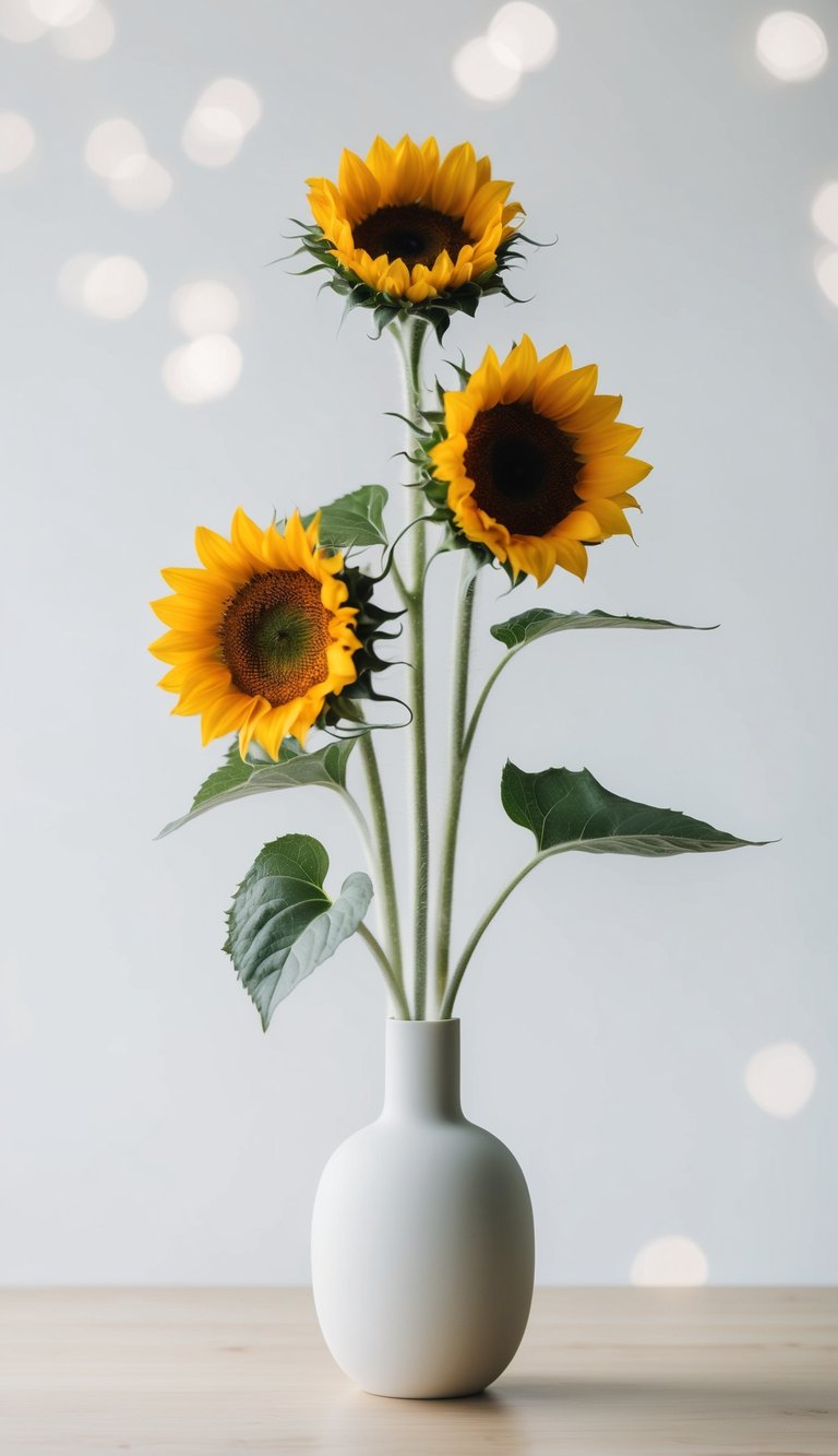 A simple, modern vase holds three sunflowers with minimal foliage, against a clean, white background