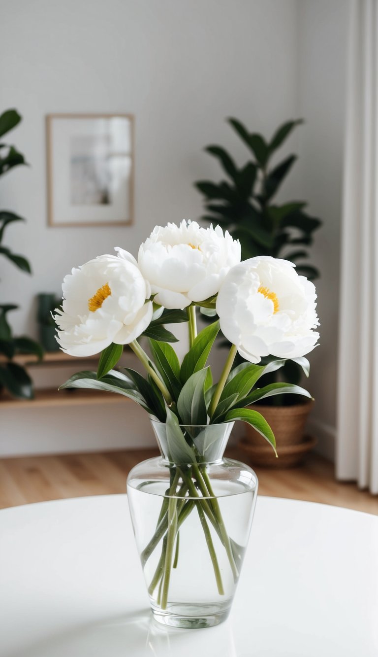 A simple glass vase holds three white peonies, surrounded by greenery on a clean, white table