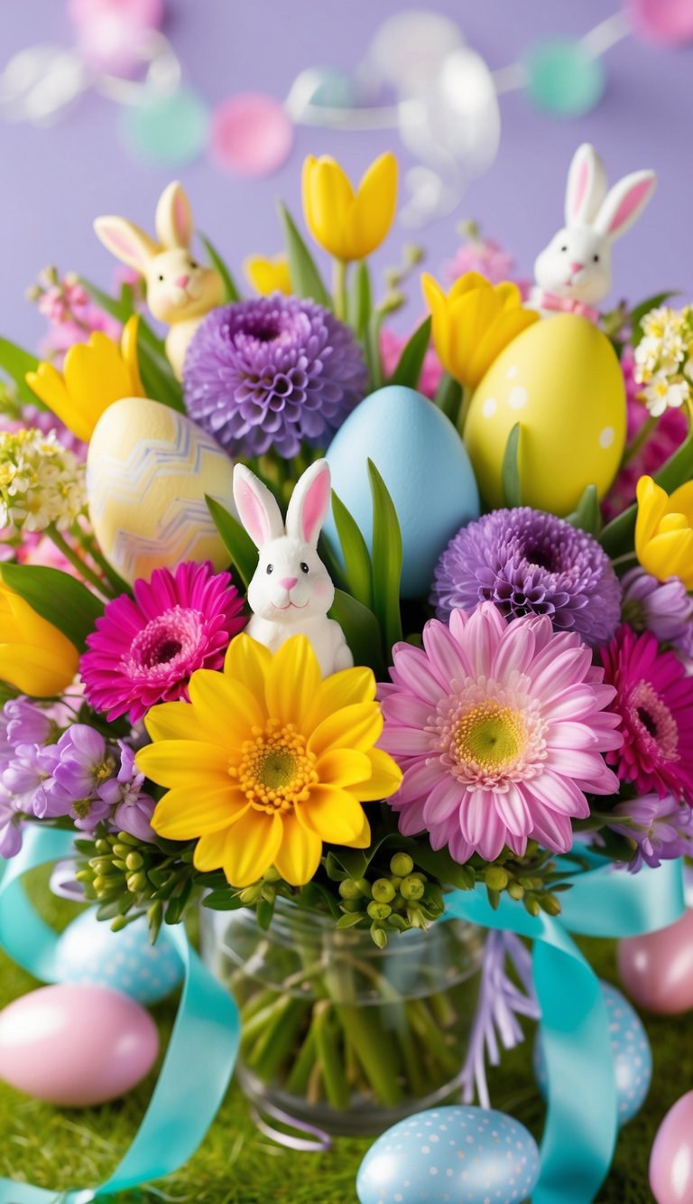 A colorful assortment of spring flowers arranged in a bouquet, with Easter-themed decorations such as eggs, bunnies, and pastel ribbons