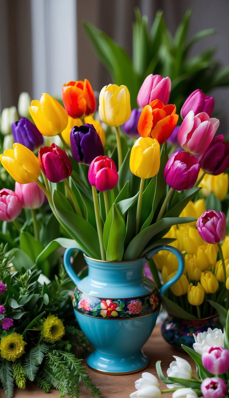 A vibrant bouquet of tulips in various colors arranged in a decorative vase, surrounded by greenery and other spring flowers