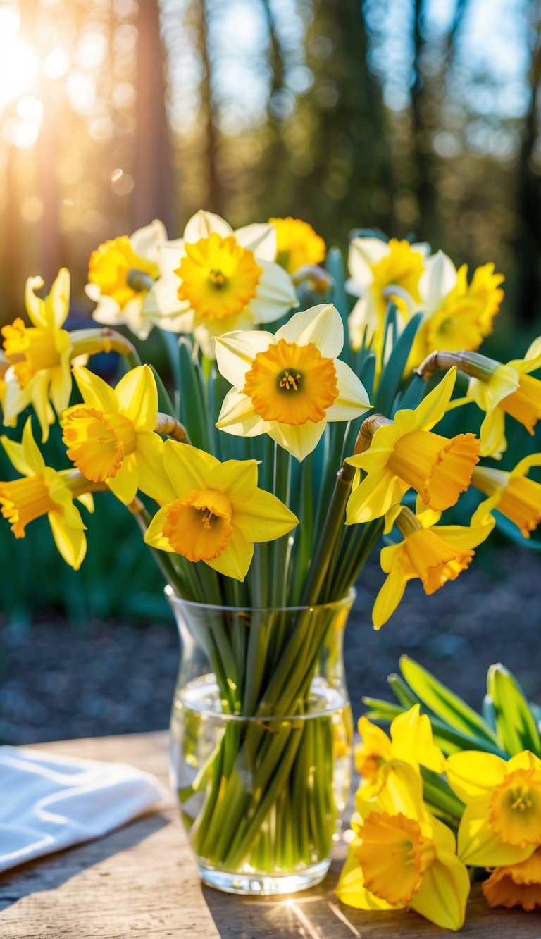 A vibrant bouquet of daffodils and other spring flowers bathed in warm sunshine