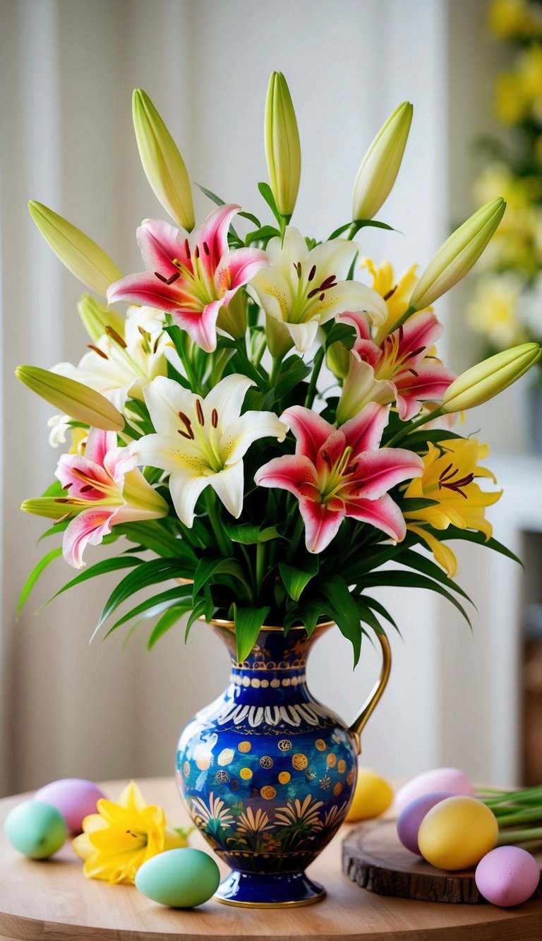 A colorful bouquet of springtime lilies and other Easter flowers arranged in a decorative vase