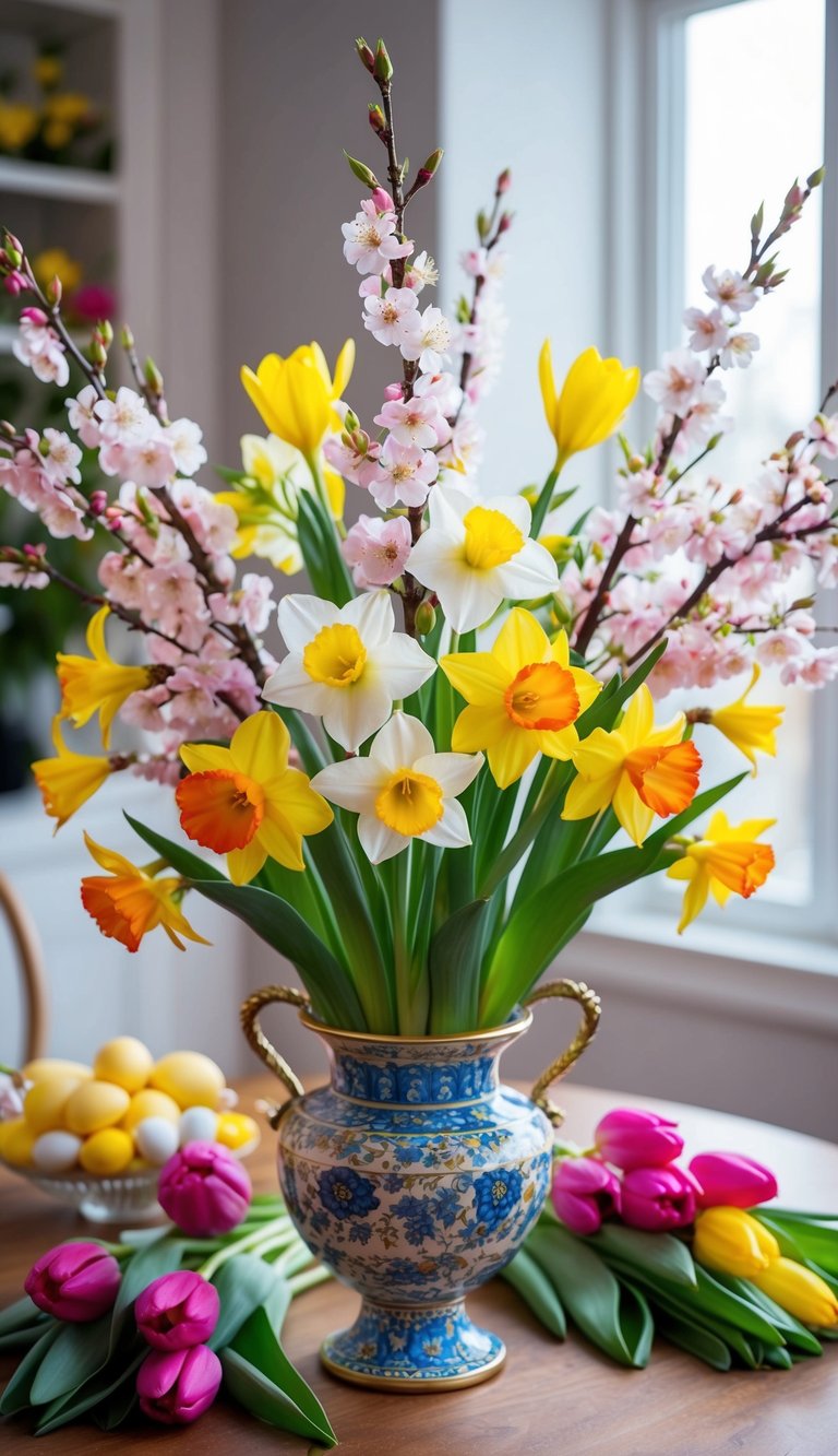 A vibrant bouquet of cherry blossoms, daffodils, and tulips arranged in a decorative vase, radiating the joy and beauty of Easter