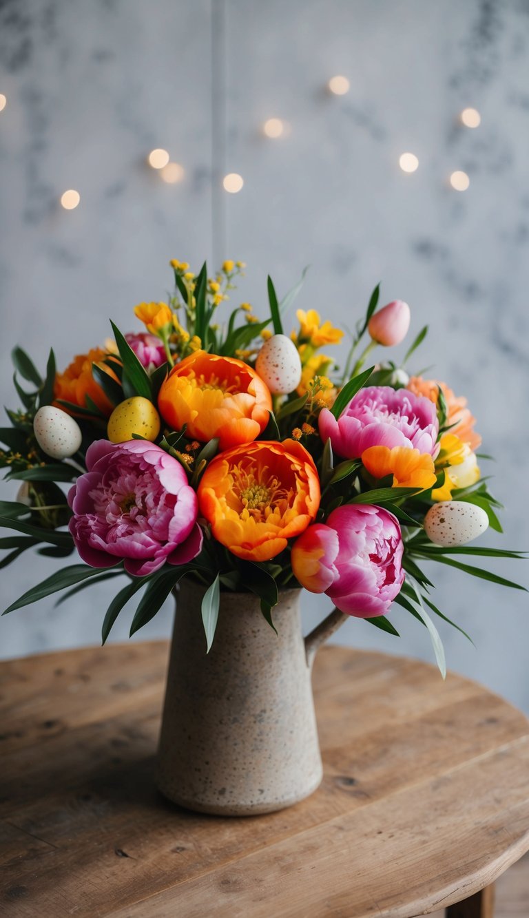 A colorful bouquet of warm peony mix and Easter flowers arranged in a rustic vase on a wooden table