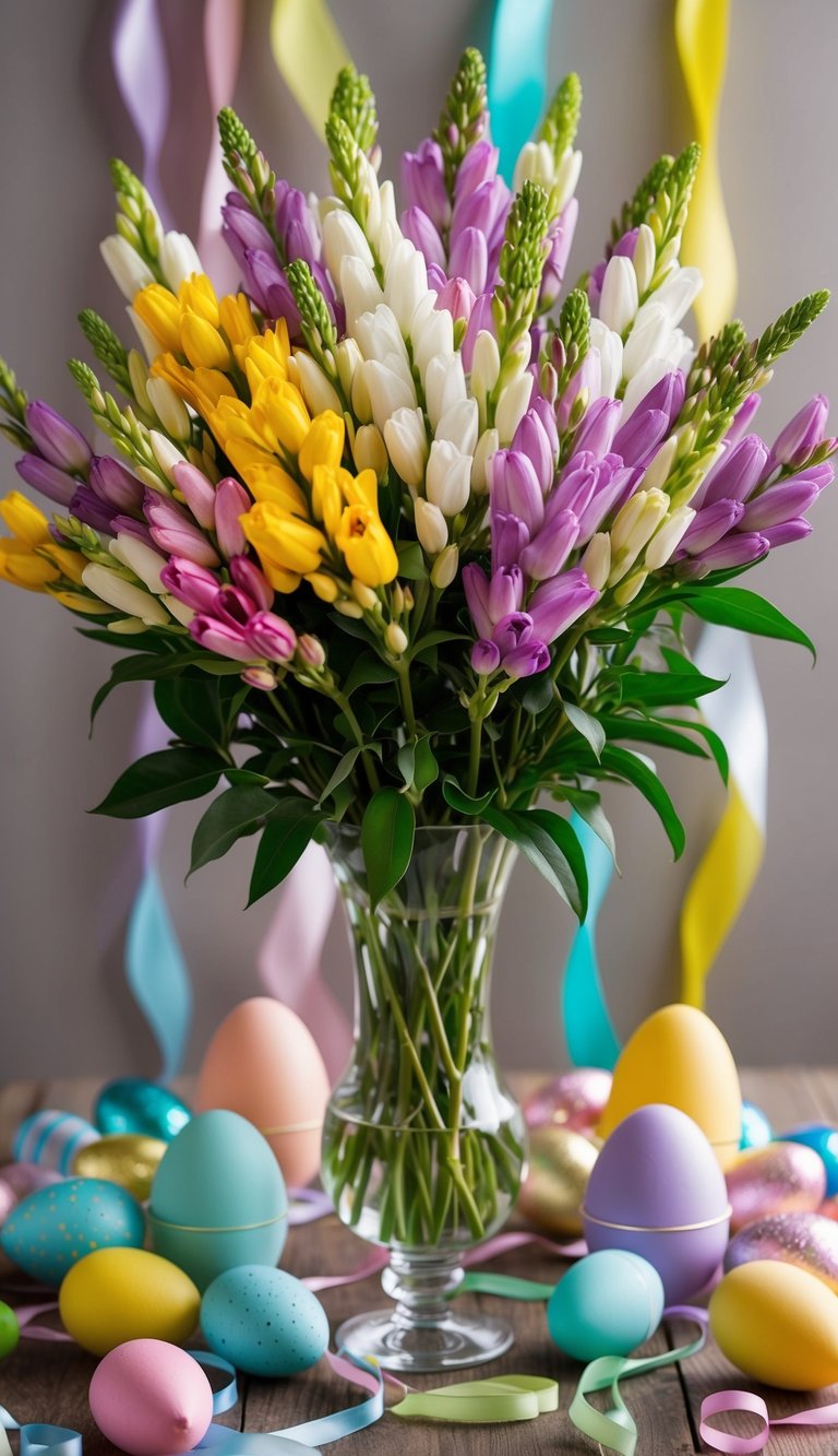 A colorful bouquet of fragrant freesias arranged in a glass vase, surrounded by various Easter-themed decorations like painted eggs and pastel-colored ribbons