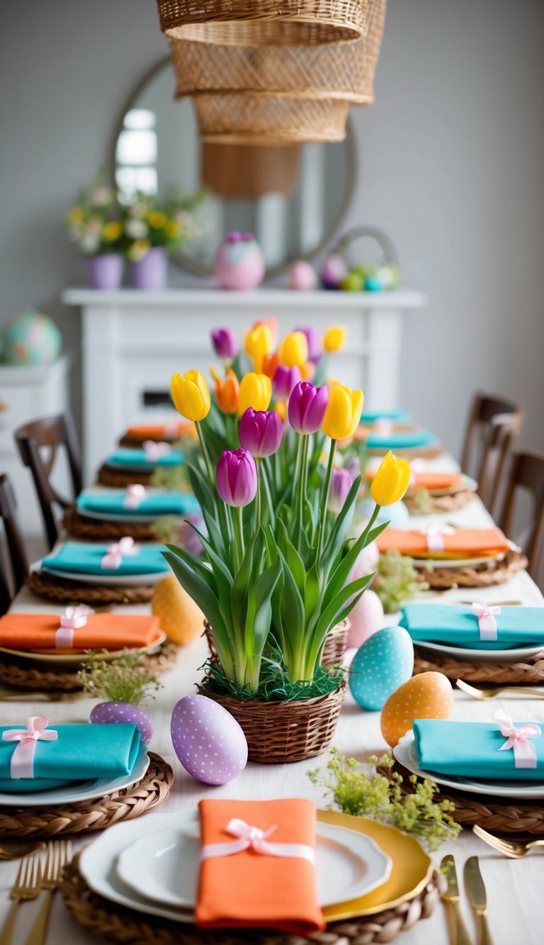 A table covered in colorful Easter flowers, surrounded by baskets and ribbons