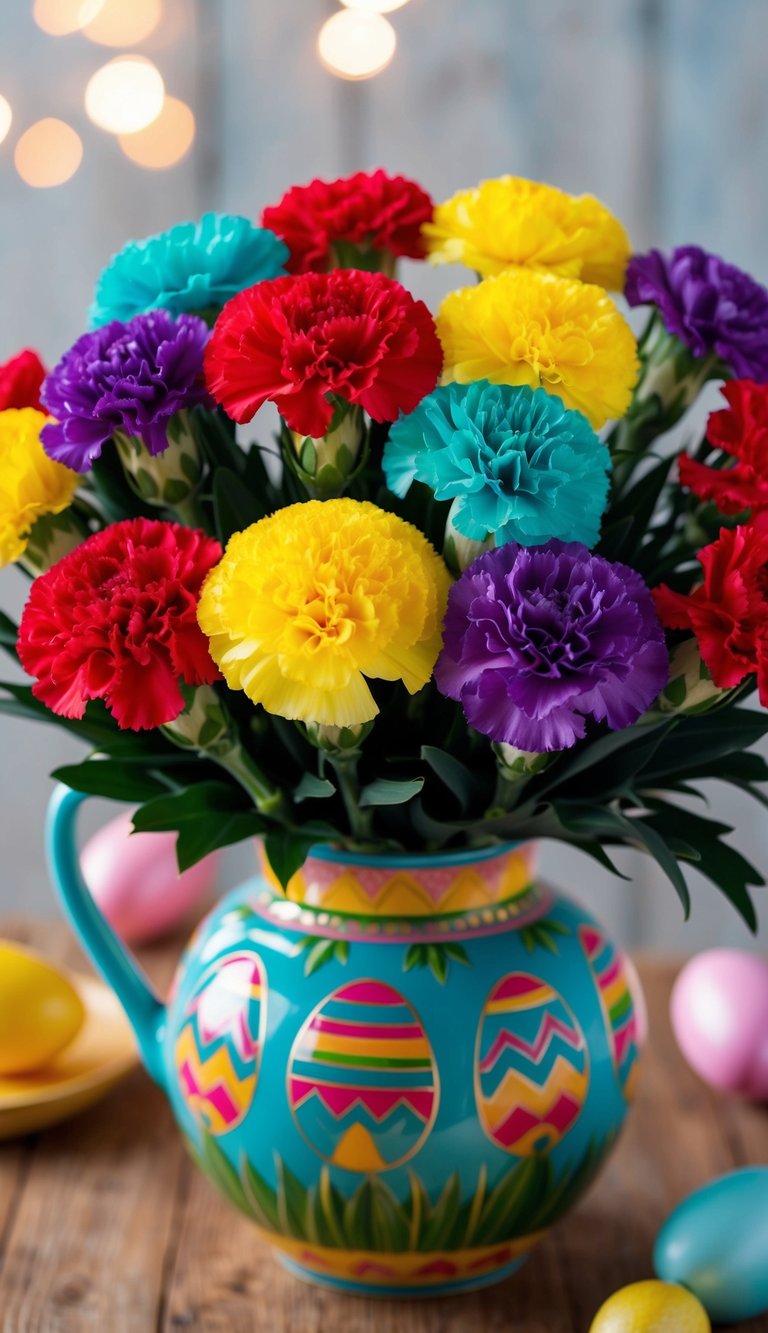 A vibrant bouquet of 10 colorful carnations arranged in a decorative Easter-themed vase