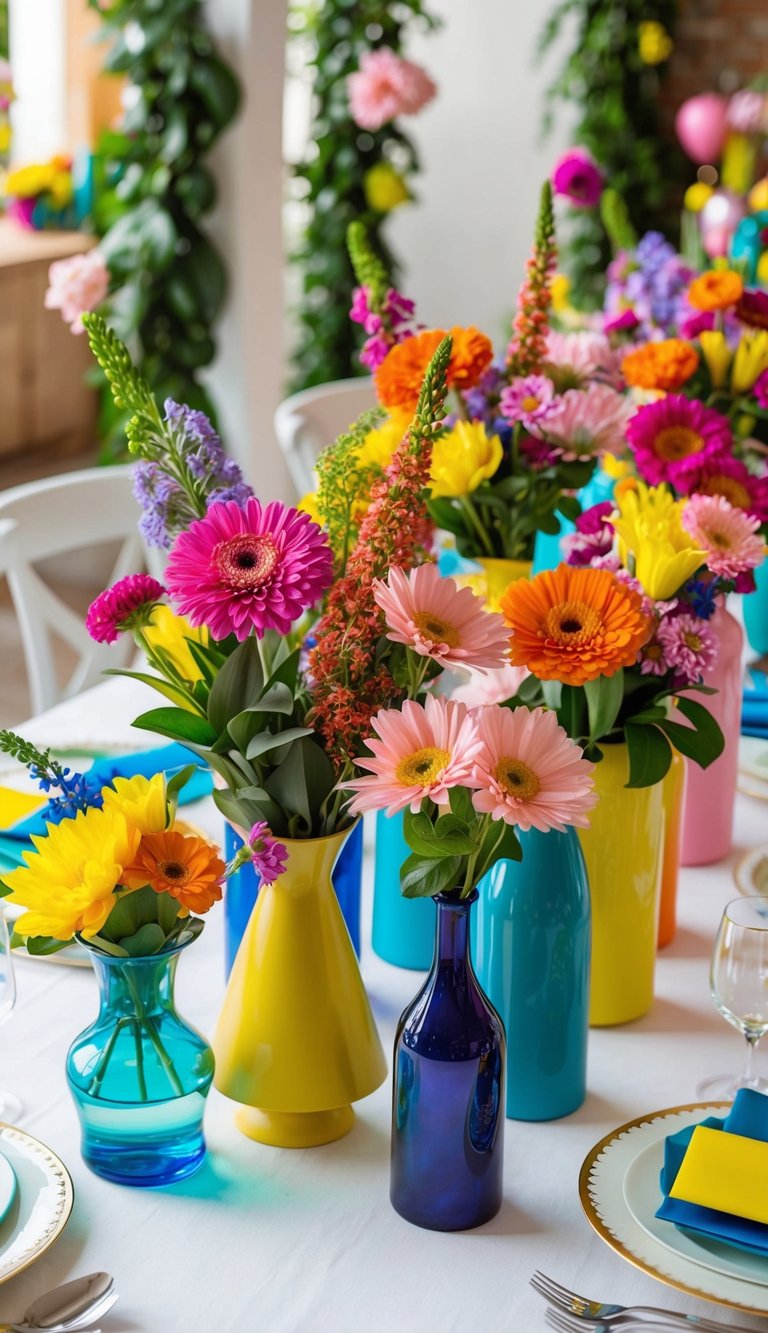 A table adorned with colorful birthday flower arrangements in vases of varying sizes and shapes. Bright blooms and lush greenery create a festive and celebratory atmosphere