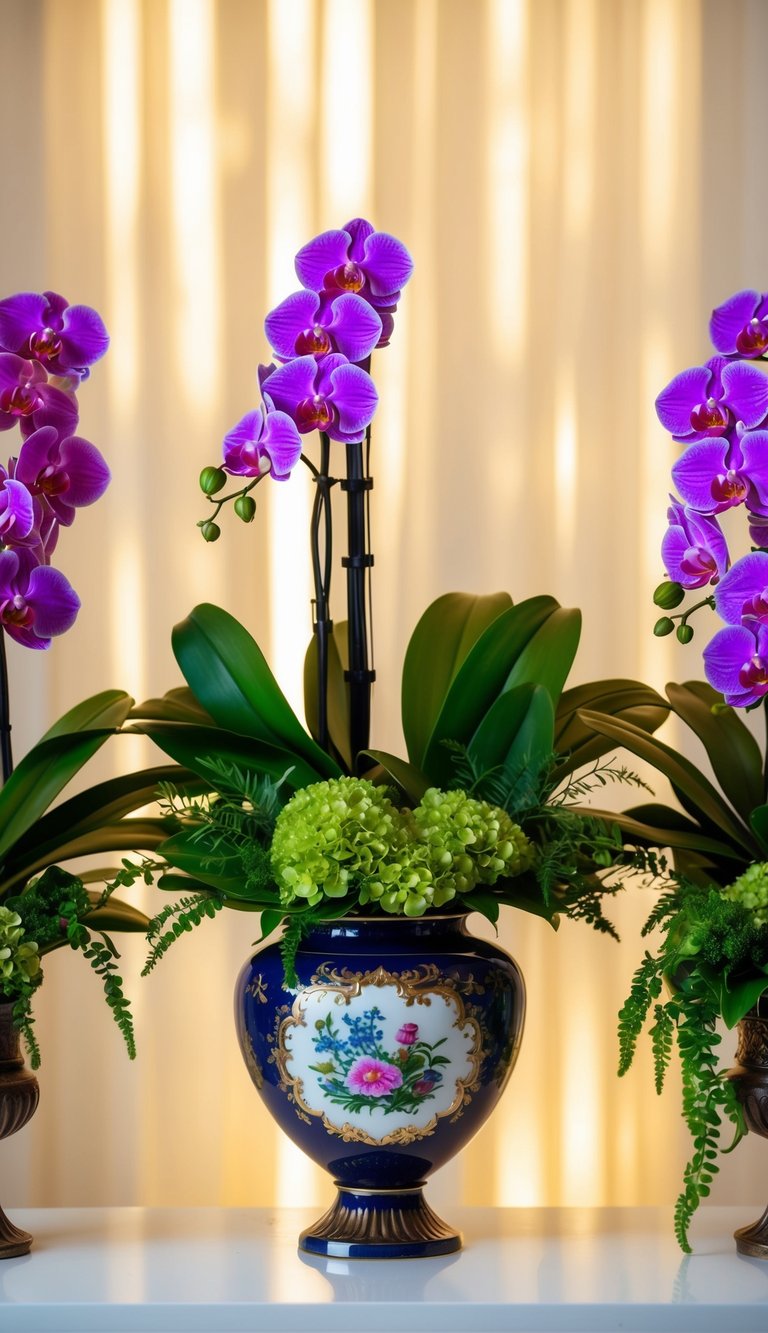 A vibrant array of orchids and lush greenery arranged in a decorative vase, set against a backdrop of soft, diffused light