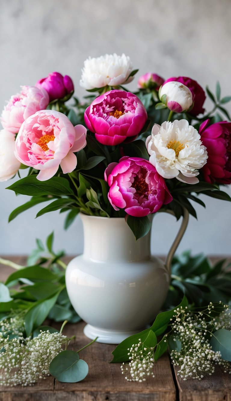 A vase filled with vibrant peonies in various shades of pink and white, surrounded by lush greenery and delicate baby's breath