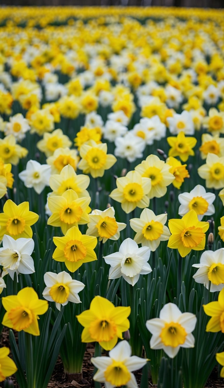 A sunny field of daffodils in various shades of yellow and white, arranged in a dreamy and whimsical manner