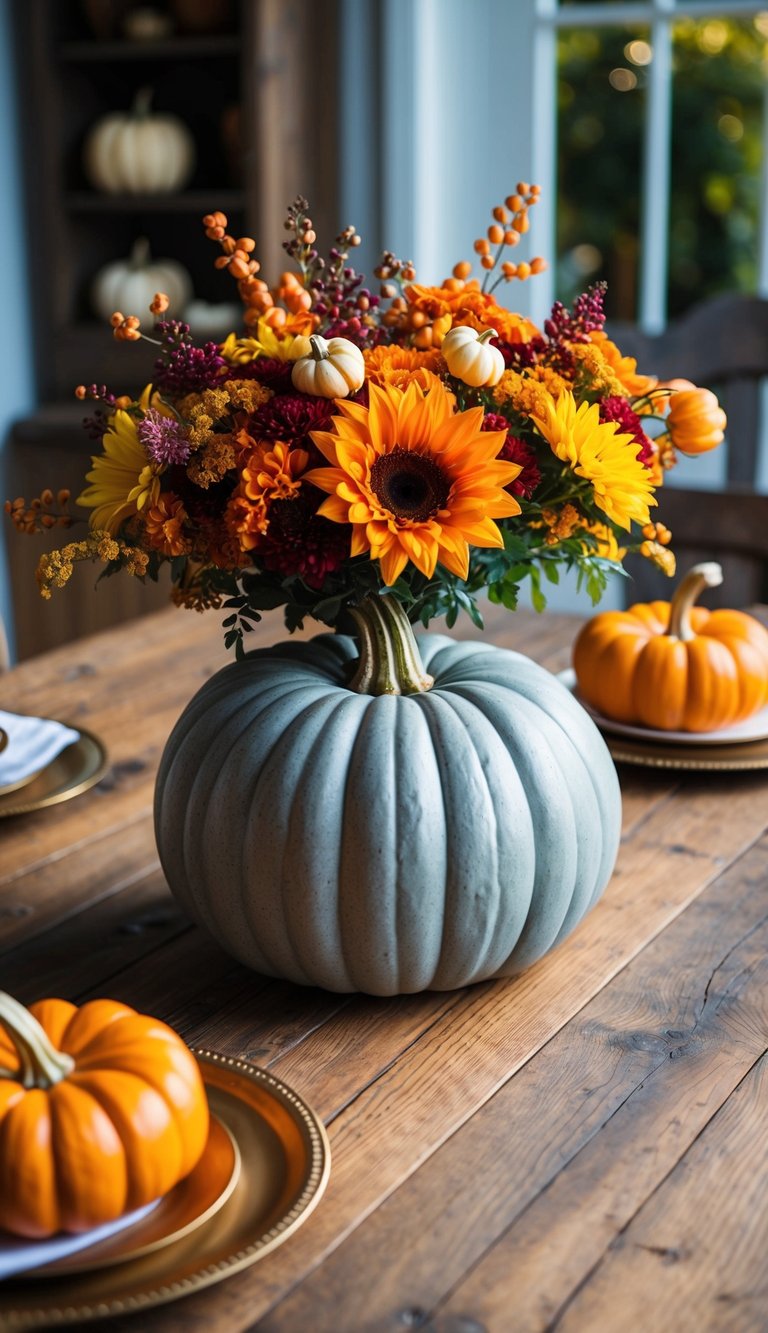 A wooden table with a rustic pumpkin vase filled with colorful Thanksgiving flowers as a centerpiece