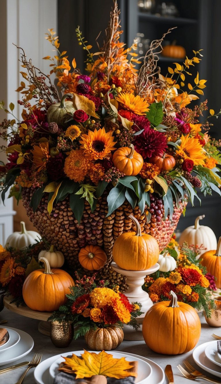 A bountiful cornucopia overflows with vibrant fall blooms and foliage, surrounded by an array of 10 unique Thanksgiving flower centerpiece designs