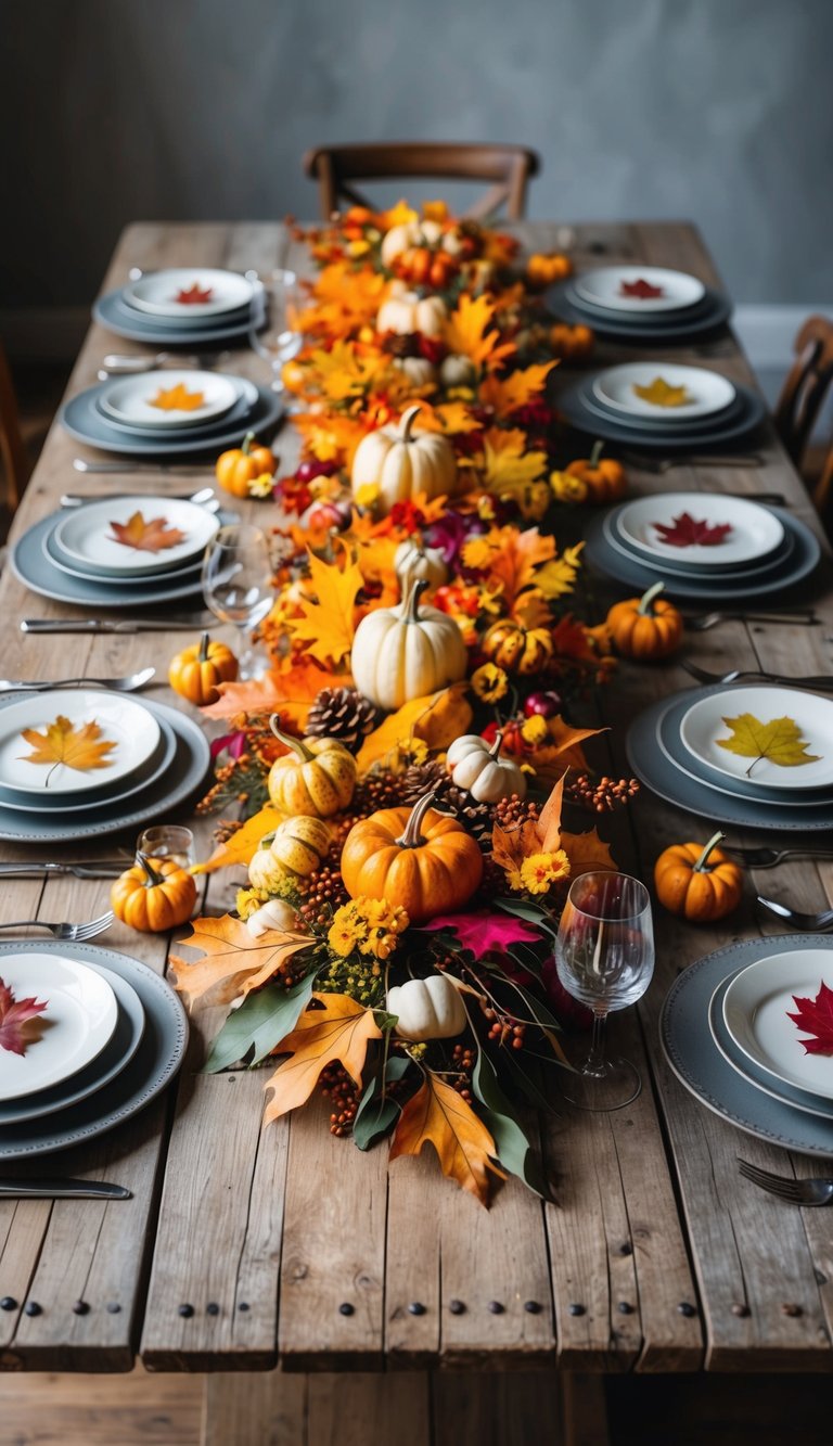 A rustic table adorned with a colorful garland of autumn leaves and flowers, serving as a festive centerpiece for a Thanksgiving celebration