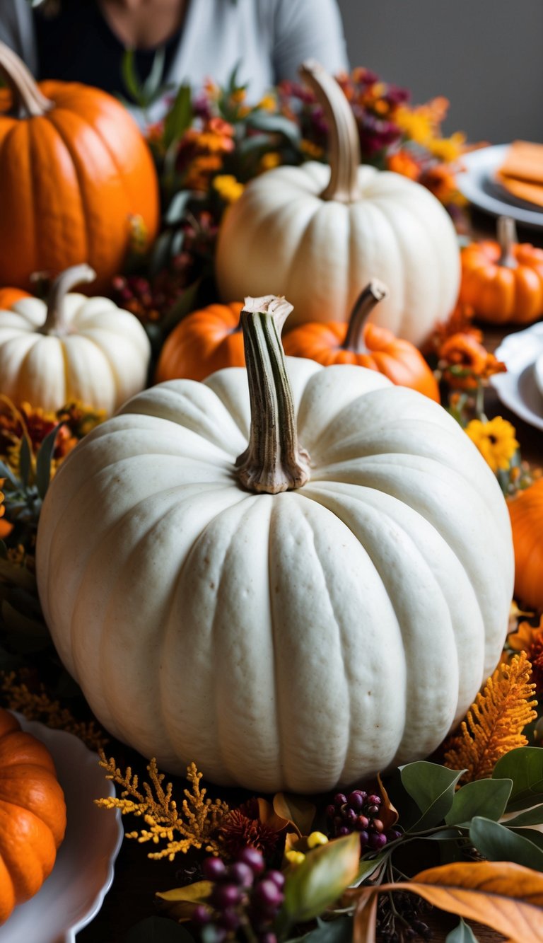 A white pumpkin surrounded by autumn flowers and foliage, serving as a Thanksgiving centerpiece