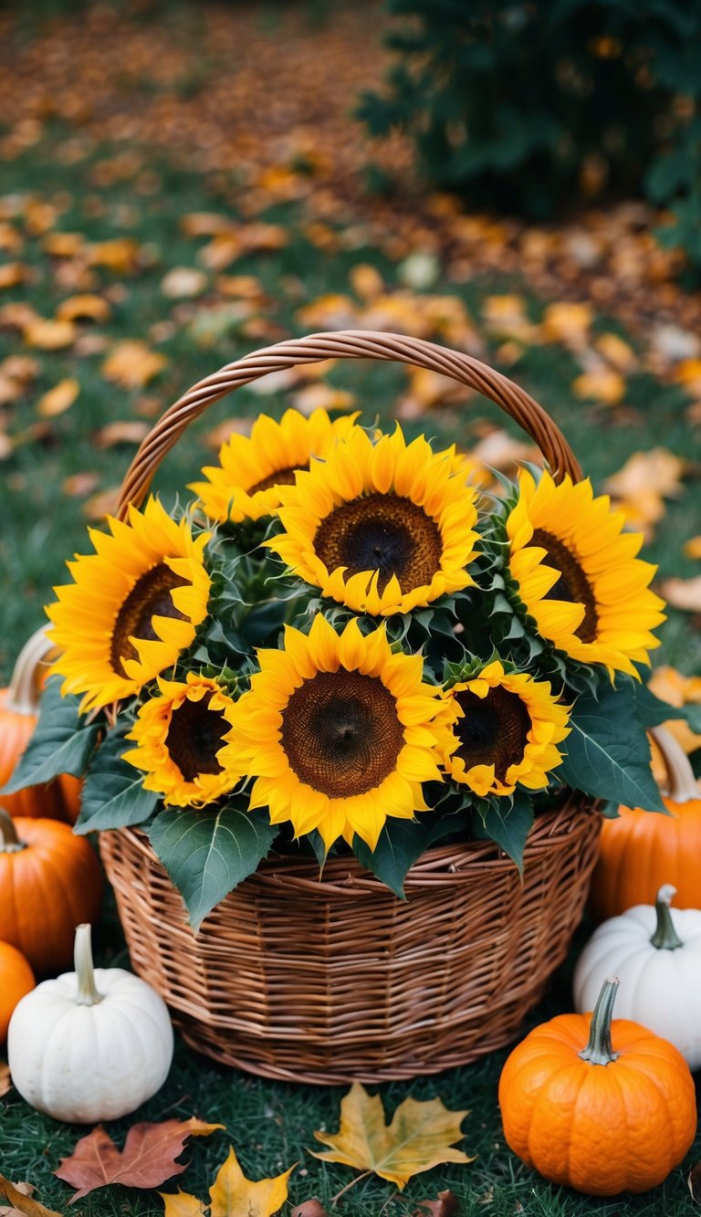 A wicker basket filled with vibrant sunflowers, surrounded by autumn leaves and small decorative pumpkins