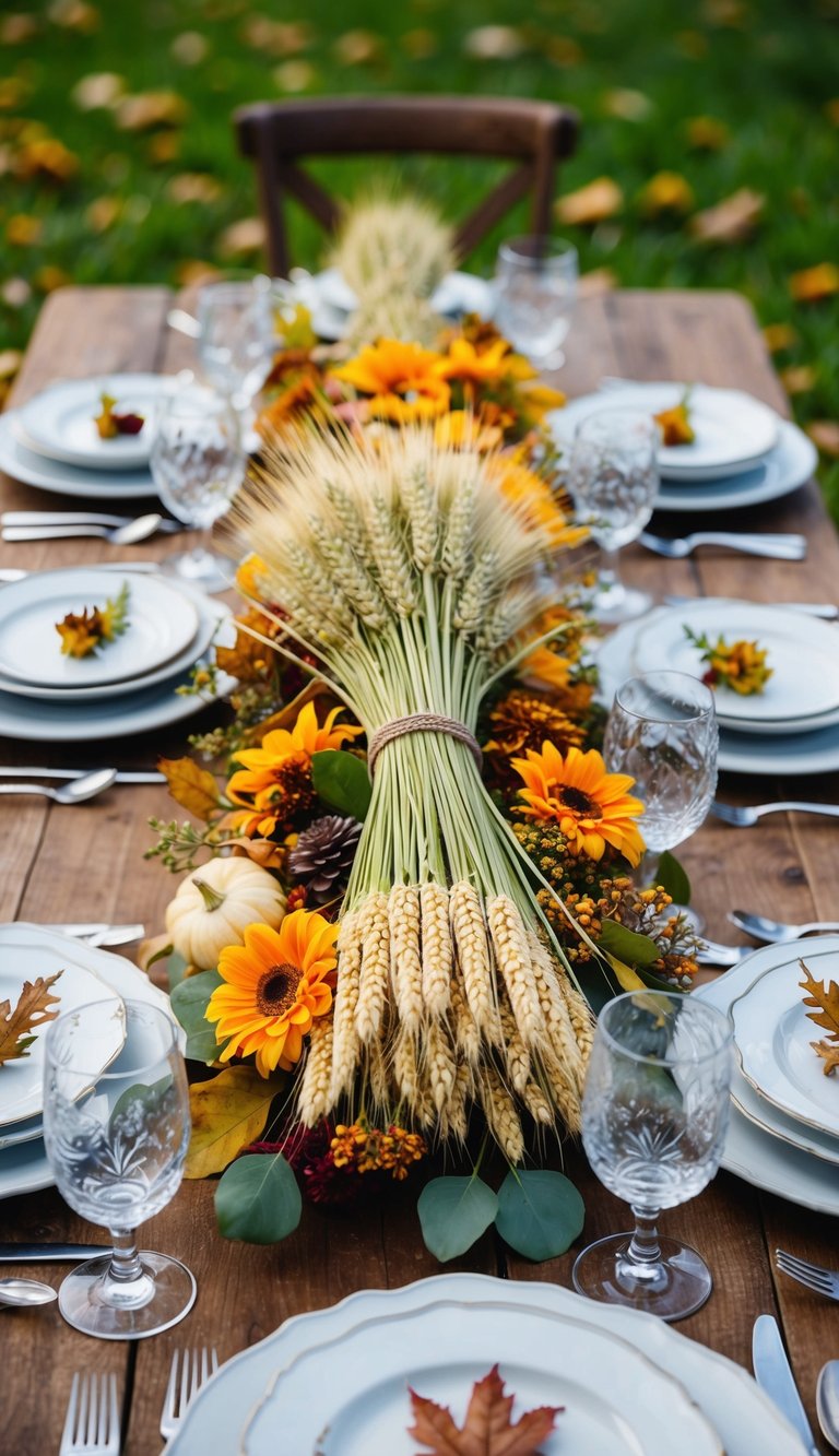 A rustic table adorned with a bountiful wheat bundle centerpiece, surrounded by autumn flowers and foliage