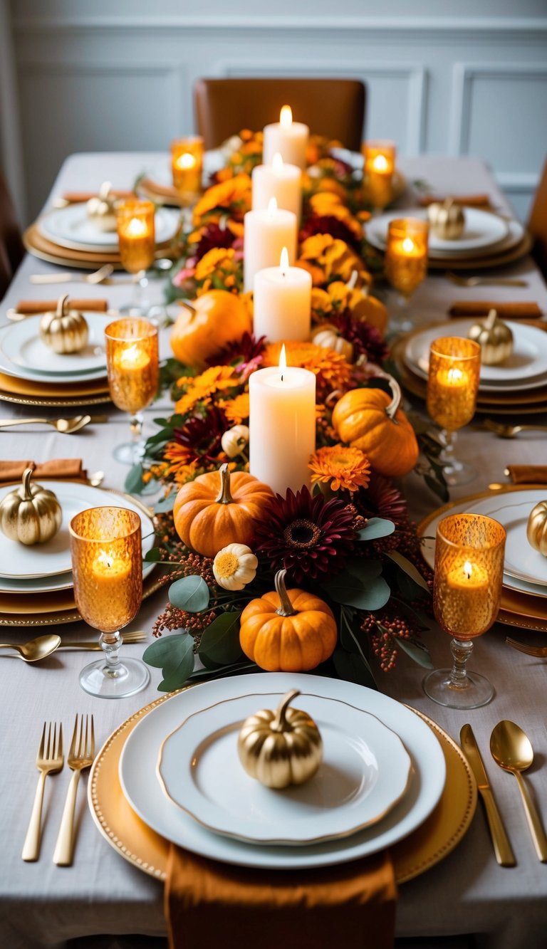 A table adorned with a candlelit floral centerpiece, surrounded by 10 Thanksgiving-themed flower arrangements