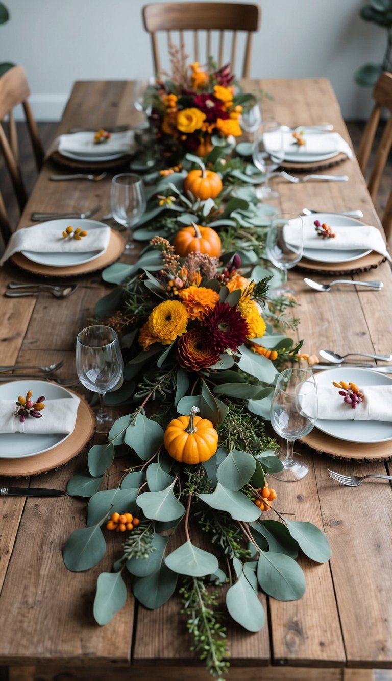 A rustic wooden table adorned with a lush eucalyptus spread and vibrant Thanksgiving flower centerpieces