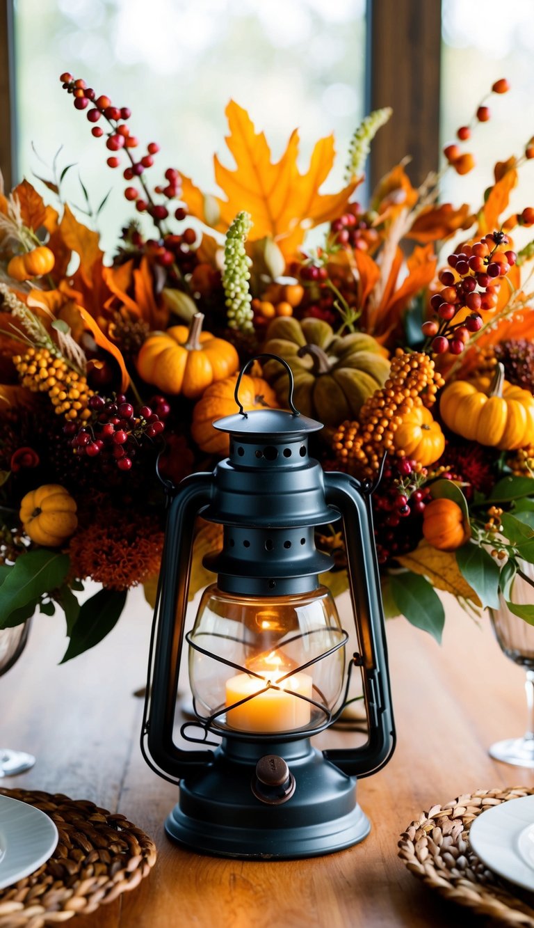 A vintage lantern surrounded by an arrangement of autumn flowers, berries, and foliage, creating a warm and inviting Thanksgiving centerpiece