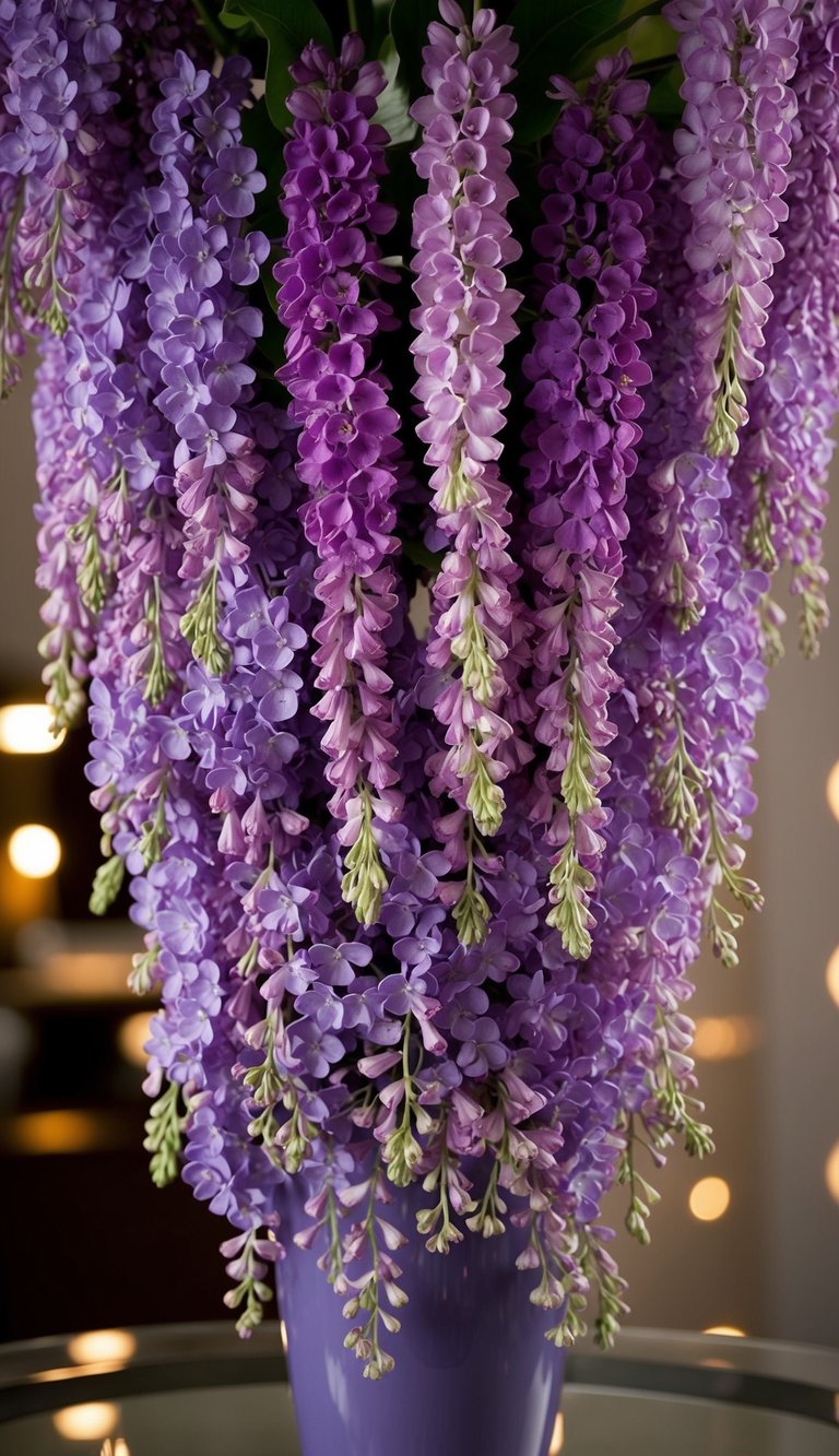 A cascading arrangement of lilac and purple flowers in a vase