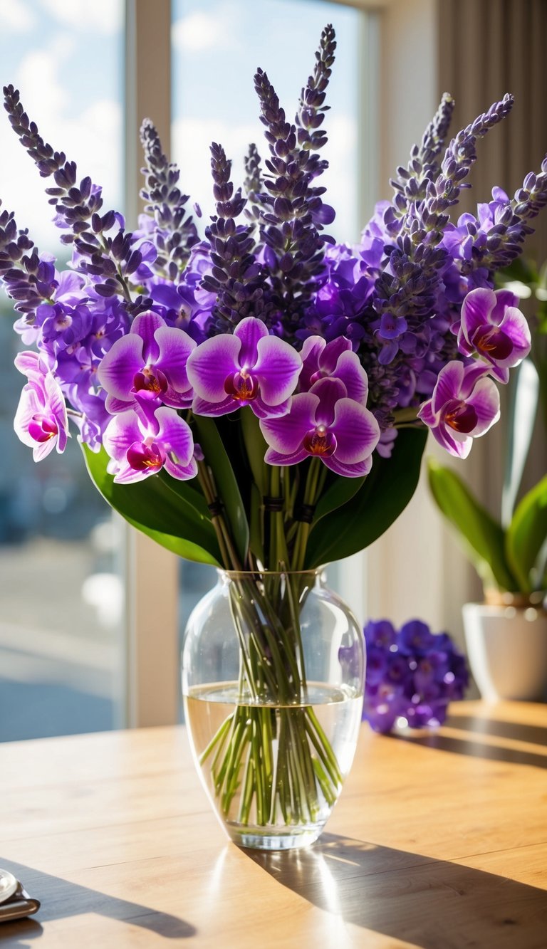 A vibrant bouquet of lavender and orchid mix purple flowers in a clear vase on a sunlit wooden table
