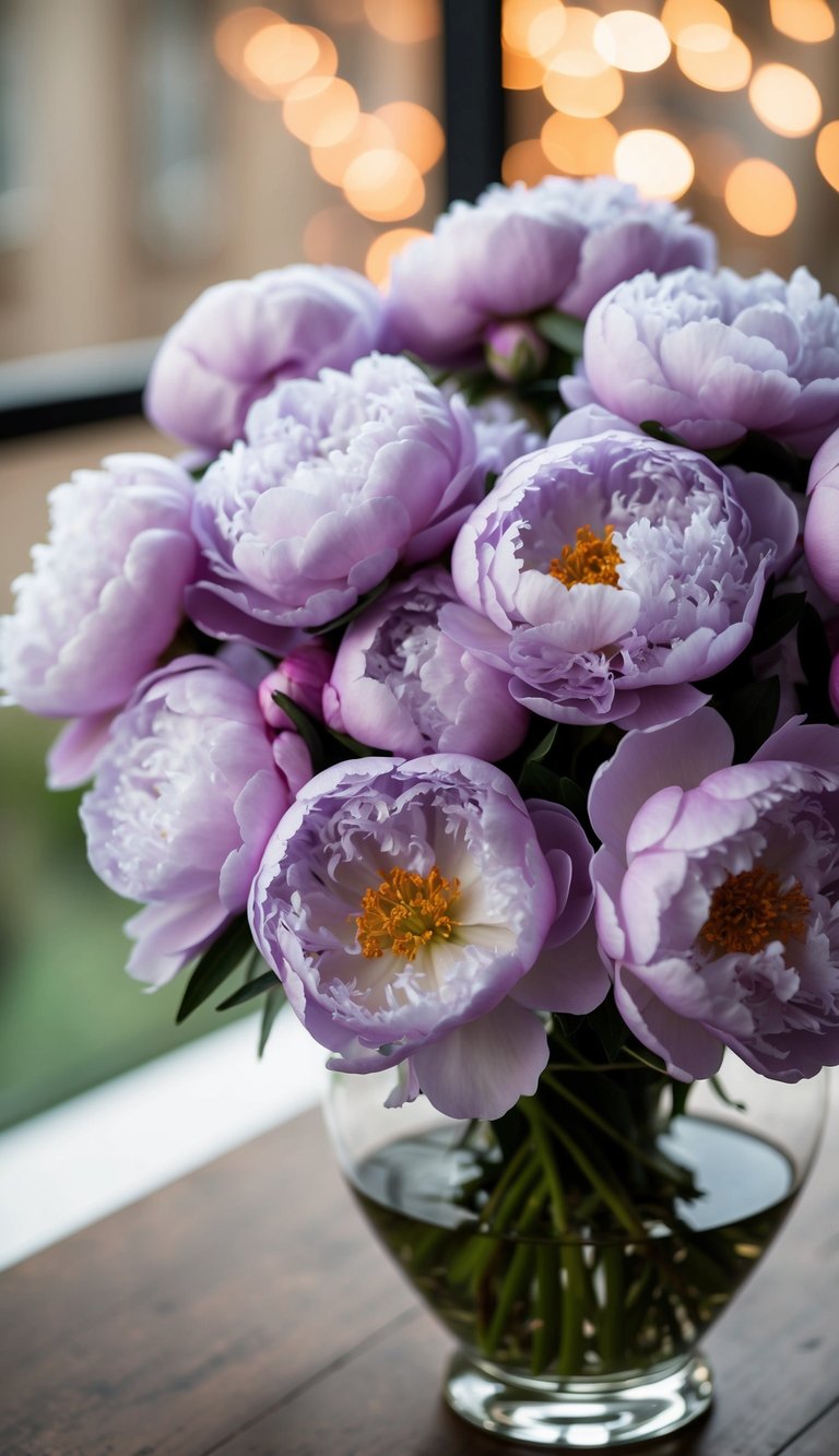 A lush bouquet of soft violet peonies in a glass vase