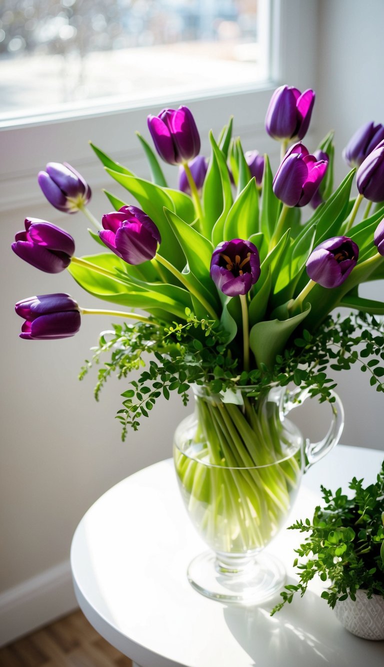 A vibrant bouquet of purple tulips arranged in a glass vase on a white table. The flowers are surrounded by green foliage and bathed in natural light