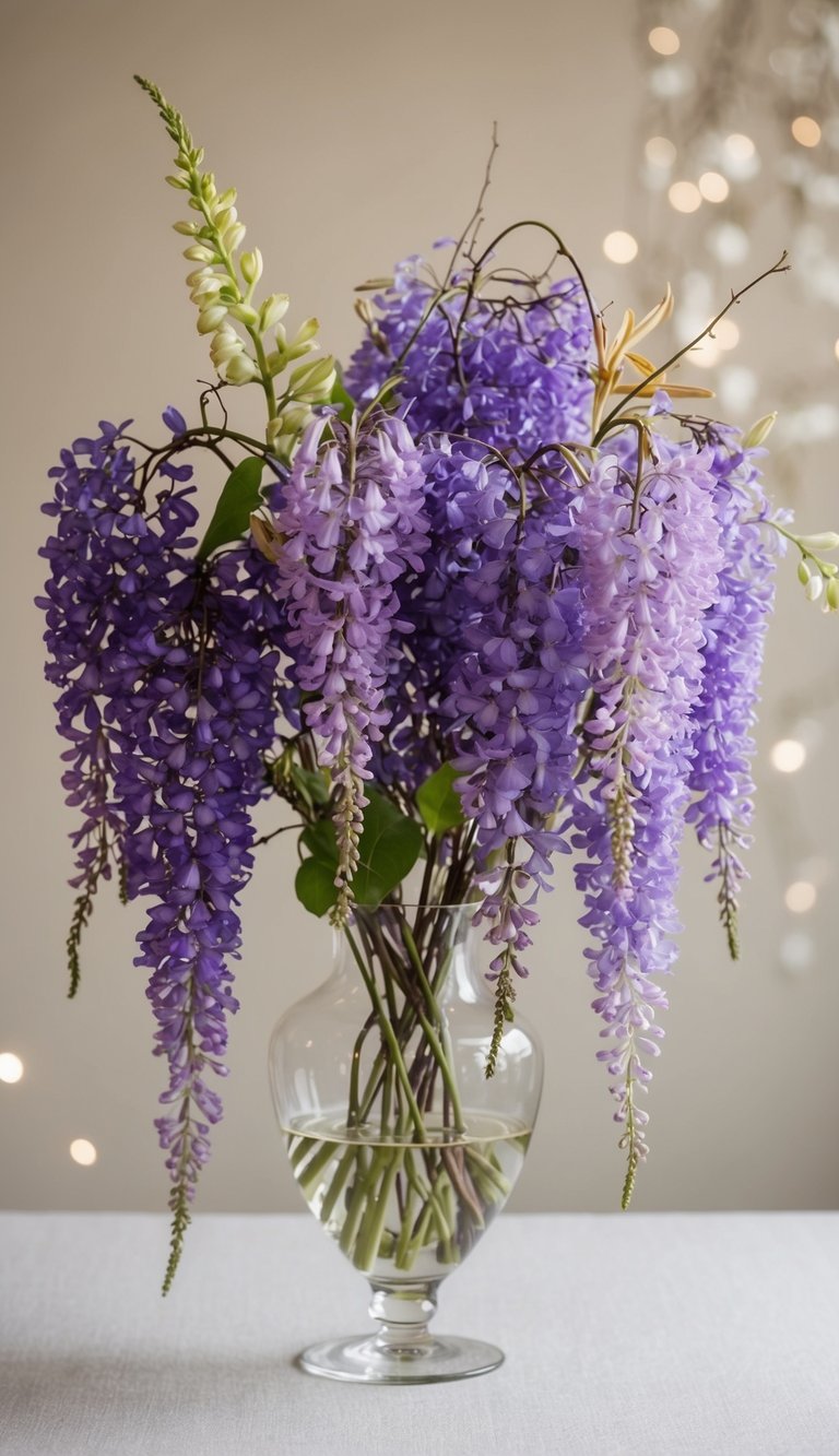A glass vase filled with cascading purple wisteria and assorted flowers, set against a soft, neutral background