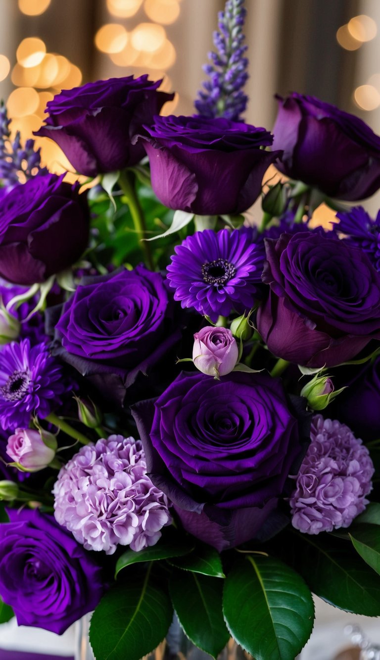 A regal arrangement of deep purple roses and other purple flowers in a lavish bouquet