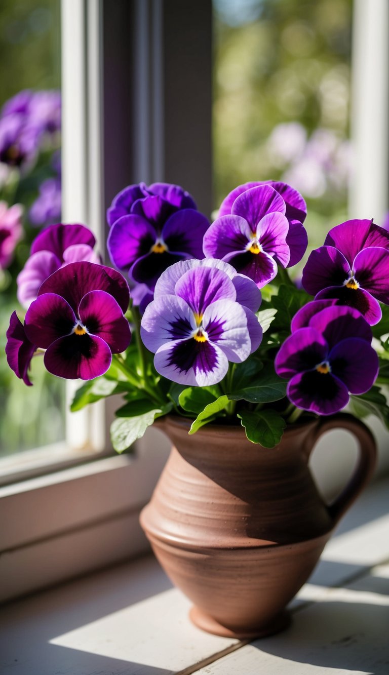 A vibrant bouquet of plum-petal pansies in various shades of purple, arranged in a rustic, ceramic vase on a sunlit windowsill