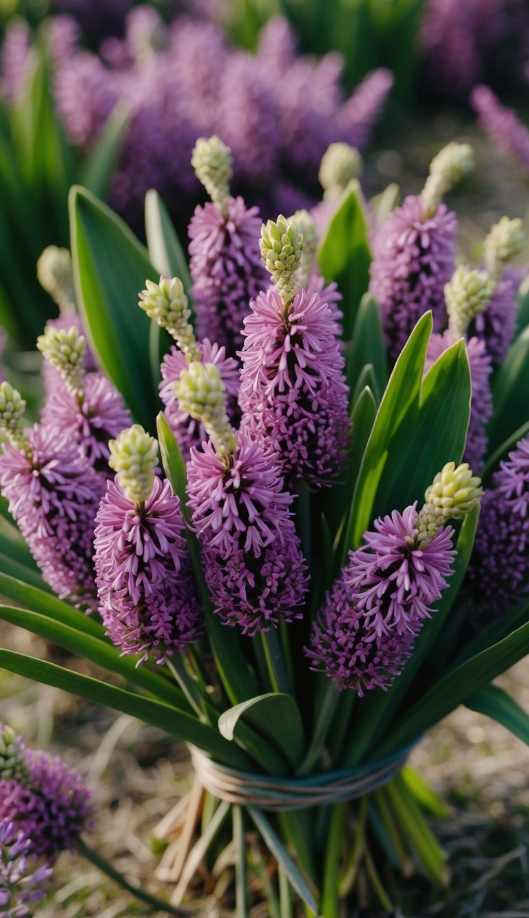 A cluster of purple heather and hyacinth flowers arranged in a bouquet, with green leaves and stems