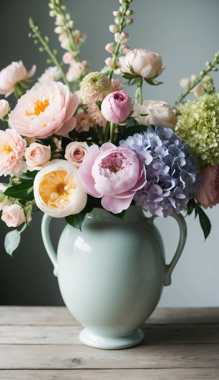 A vase filled with pastel-colored flowers, including roses, peonies, and hydrangeas, arranged in a loose and organic style