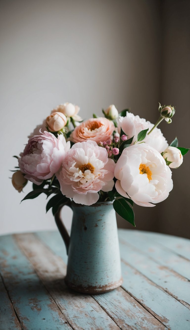A delicate pastel bouquet featuring roses and peonies in a rustic vase on a weathered wooden table